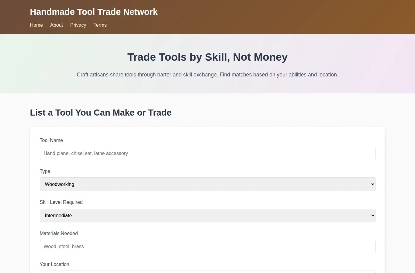 Screenshot of Handmade Tool Trade Network interface showing the project page in use